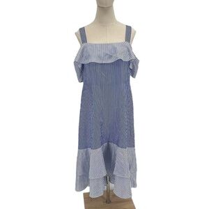 J.Crew Silk Blue White Striped Cold Shoulder High Low Silk Dress Size 14 Women’s